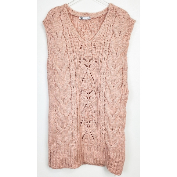 Zara size S wool alpaca blend longline v neck cable knit sweater vest oversized - Picture 2 of 8